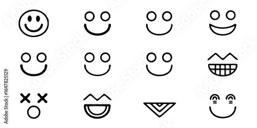 Collection of simple line art smileys isolated on white background featuring various expressions, including happy, sad, and playful, perfect for adding a touch of fun to any design project