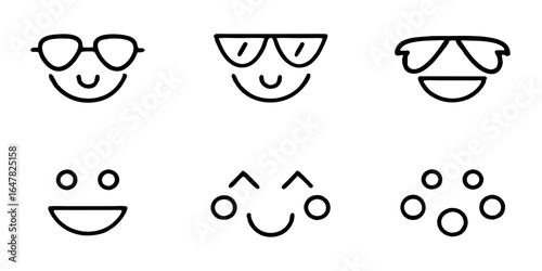 Collection of simple line art smileys with sunglasses isolated on white background featuring various styles, perfect for adding a touch of coolness to any design project