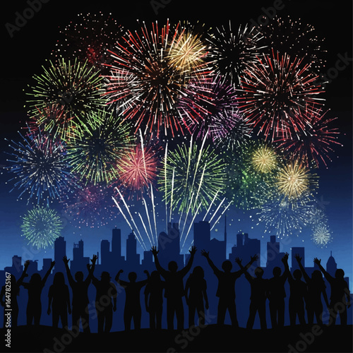 Silhouetted crowd celebrates with arms raised, watching colorful fireworks exploding above a city skyline at night.