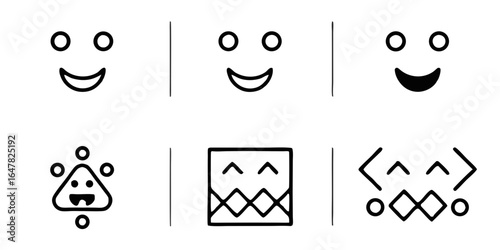 Collection of simple line art smileys isolated on white background featuring various geometric shapes, perfect for adding a touch of modernity to any design project