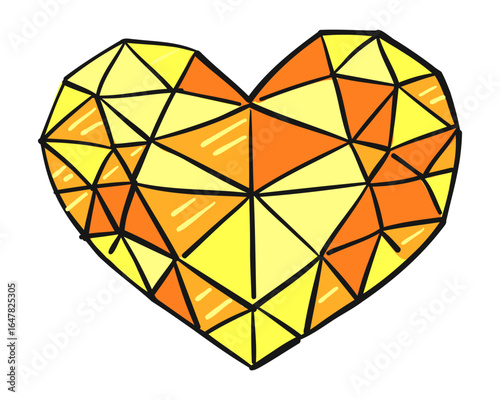 Geometric heart shape made of orange and yellow crystal-like facets. Concept of love, strength, and uniqueness with a modern abstract style