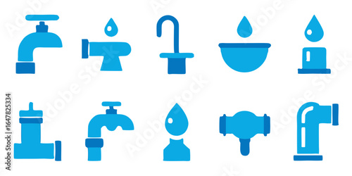 A collection of blue plumbing fixtures isolated on white background, showcasing various faucets, pipes, and water droplets, ideal for illustrating plumbing systems and water conservation