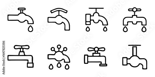 A collection of black and white plumbing fixtures isolated on white background, featuring various faucets with water droplets, ideal for illustrating plumbing systems and water conservation