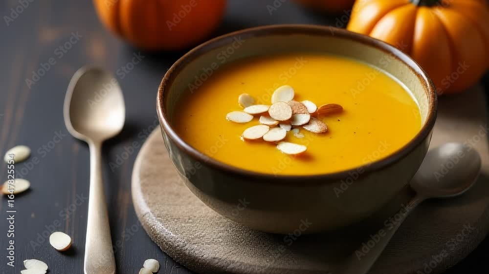 Warm bowl of soup with nuts and vegetables, perfect for a cozy meal Warm bowl of soup with nuts and vegetables, perfect for a cozy meal
