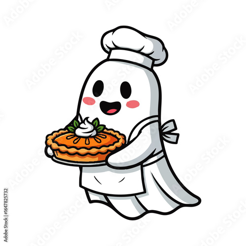 A cute cartoon ghost wearing a chef's hat and apron holds a pumpkin pie topped with whipped cream and leaves.