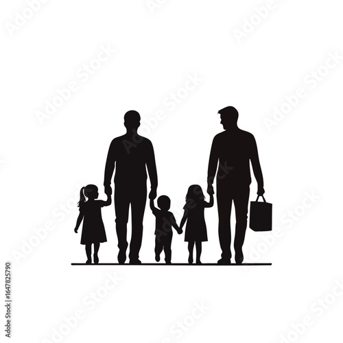 Silhouette of two men walking with three children, holding hands, and carrying a shopping bag.