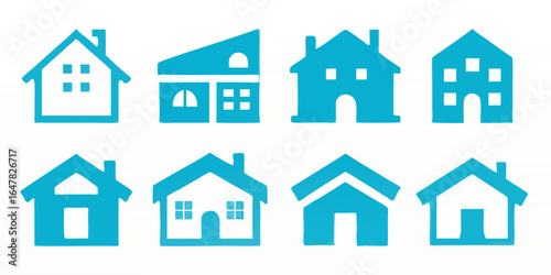 Collection of blue house icons isolated on white background a variety of home designs for real estate, architecture, and modern living concepts, perfect for graphic elements