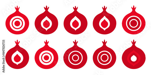 Collection of red pomegranate icons with target designs isolated on white background a variety of fruit designs for healthy eating, organic food, and tropical agriculture