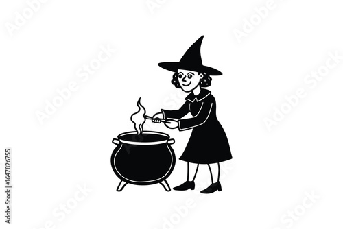 A cartoon witch stirring a bubbling cauldron with a wooden spoon happily silhouette
