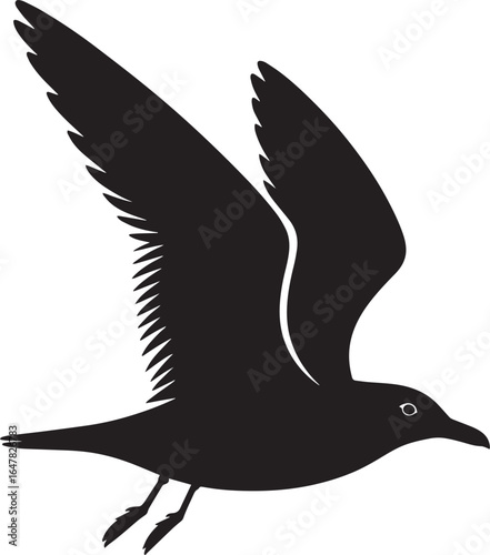 Black silhouette of a seagull in flight with wings spread bird flying