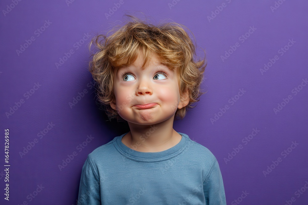 Naklejka premium Funny little boy showing silly expression while looking to the side against vibrant purple background