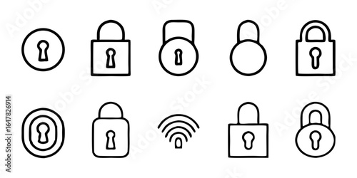 Collection of lock and wireless icons isolated on white background a set of simple black and white line drawings depicting various locks and wireless signals for security and connectivity concepts