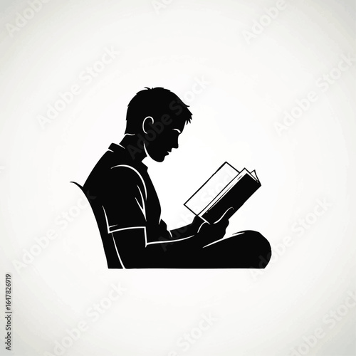 Silhouette of a young man sitting cross-legged, engrossed in reading a book against a white background.