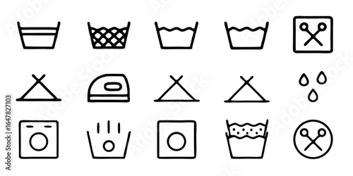 Set of black and white laundry symbols isolated on white background, offering a clear guide for washing, drying, and ironing clothes, ensuring proper care and maintenance of garments