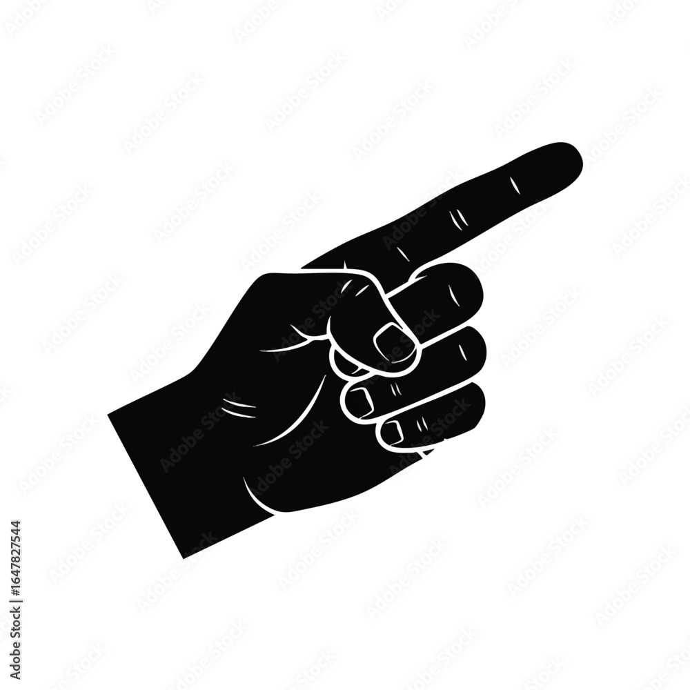 Fototapeta premium Black silhouette of a hand with the index finger extended, pointing to the right, isolated on a white background.