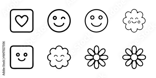 Set of charming and simple line art icons isolated on white background featuring smiling faces, hearts, flowers, and clouds, perfect for adding a touch of whimsy to any design project