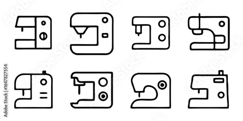Collection of sewing machine icons isolated on white background a series of simple line drawings representing different types of sewing machines, suitable for sewing, tailoring, and crafting projects