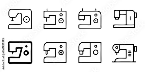 Diverse set of sewing machine icons isolated on white background a variety of line art designs depicting different sewing machine models, ideal for tailoring, sewing, and fashionrelated projects