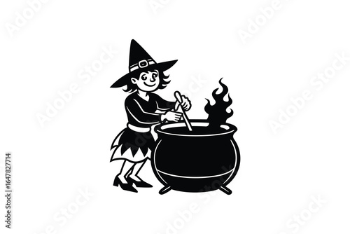 A cartoon witch stirring a bubbling cauldron with a wooden spoon happily silhouette