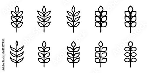 Collection of wheat ears isolated on white background a variety of minimalist line art depicting different styles of wheat stalks, ideal for agricultural and harvest themes