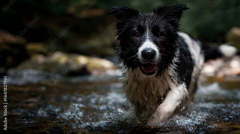 Dog happily splashing in a forest stream Dog happily splashing in a forest stream
