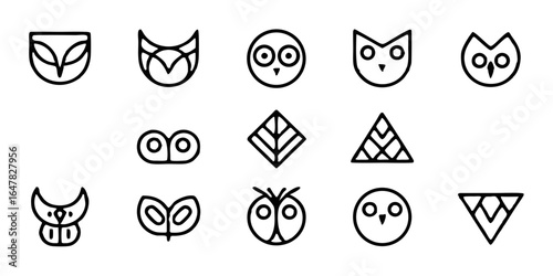 Minimalist owl and geometric icons isolated on white background a collection of simple line art designs for modern logos and graphic elements, featuring abstract shapes