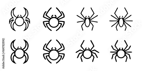 Spider icon set isolated on white background, showcasing diverse arachnid designs for halloween, insect themes, and creepy graphic elements in black and white outline