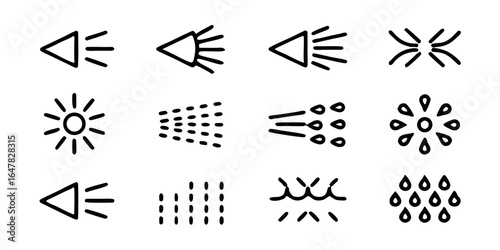 . The icons vary in shape and density, illustrating concepts like focused streams, diffused sprays, 