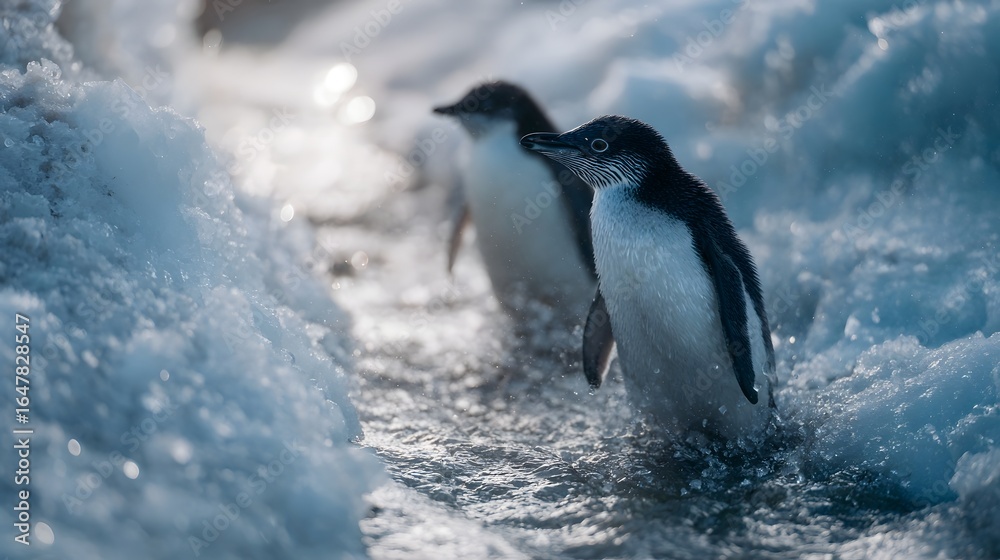 Fototapeta premium Penguins navigating an icy freshwater stream in the polar light