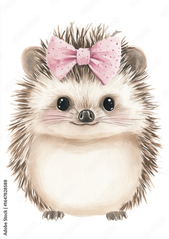 Obraz premium A cute illustrated hedgehog with a pink bow, perfect for children's decor or greeting cards, ideal for advertising, marketing, website backgrounds, banners, and commercial design