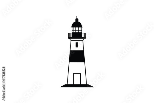 A black and white illustration of a classic lighthouse tower standing alone silhouette
