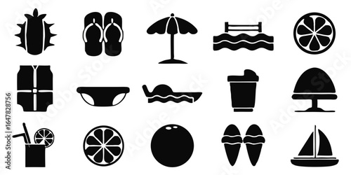 Collection of summer beach vacation icons isolated on white background featuring sun, sand, sea, travel, holiday, tropical, ocean, leisure, relax, swim, tourism, rest, and more
