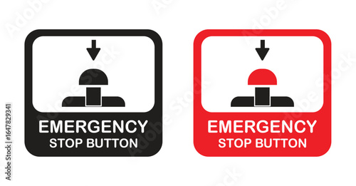 emergency stop button icon set, red and black safety symbols