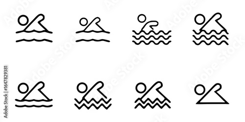 Swimming icons set isolated on white background a collection of minimalist line drawings depicting various swimming styles and water representations, perfect for sports and recreation designs