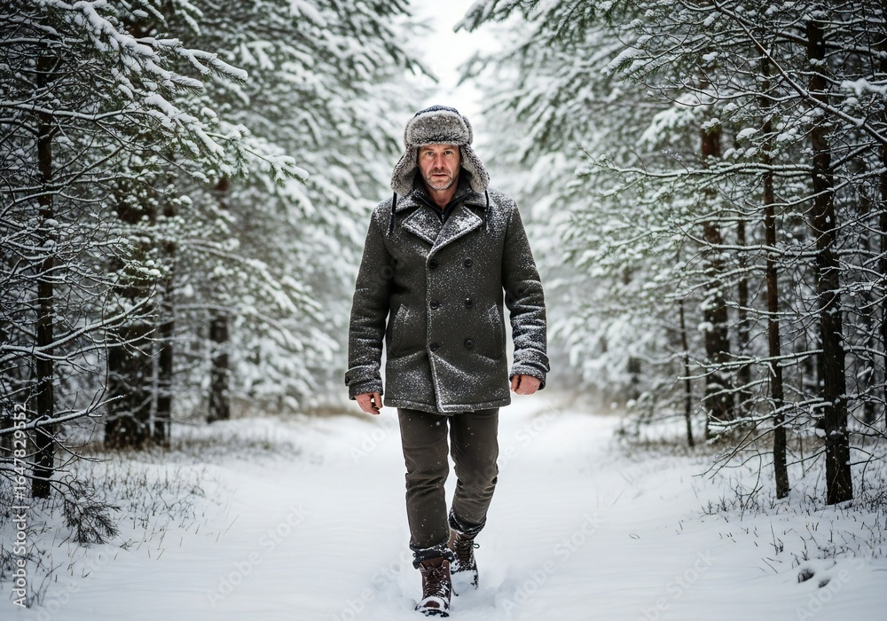 Naklejka premium Mature man in a warm fur lined hat and heavy coat walks along a snowy path in a winter forest