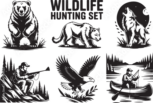 Wildlife hunting set featuring bear, wolf, eagle, hunters