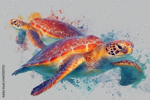 Two sea turtles gracefully swimming through vibrant watercolor splashes in a marine setting, showcasing their natural beauty in motion and the vivid hues of the ocean