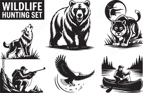 Dynamic wildlife hunting set with bear, wolf, eagle, and hunters.
