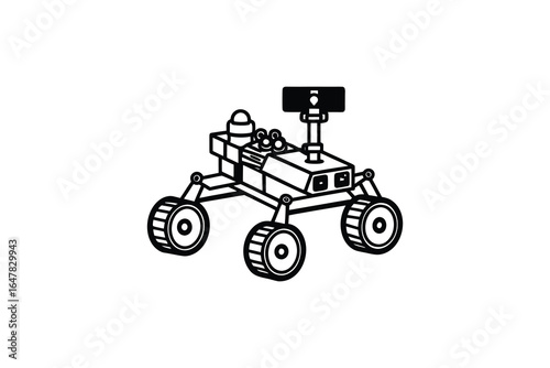 A robotic rover with a camera and antennae on a white background silhouette