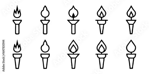 This image displays a collection of ten stylized, black-and-white icons of torches. Each torch has a flame at the top and a varying design for the holder, showcasing a range of artistic interpretation