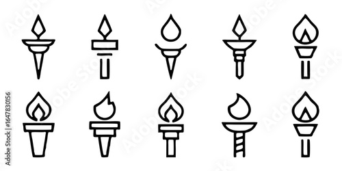 Collection of black and white torch icons isolated on white background a set of simple line art designs depicting flames, perfect for symbolizing light, energy, and inspiration