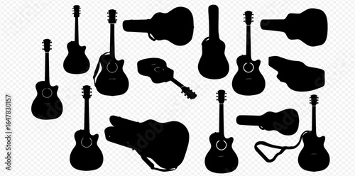 A set of isolated black silhouettes depicting acoustic guitars and their soft cases from various angles.