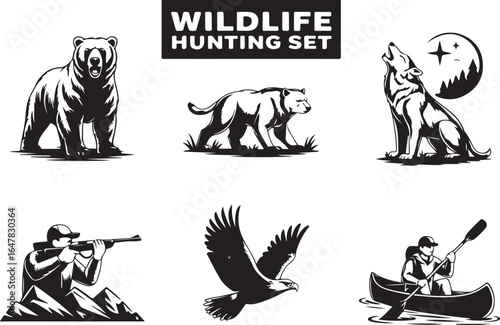 Bold wildlife hunting icons: bear, wolf, eagle, hunter, canoe