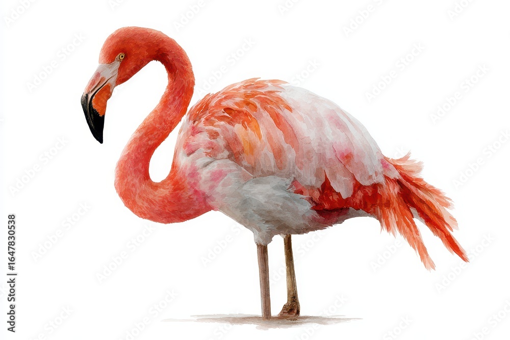 Obraz premium Flamingo bird watercolor illustration features vibrant colors and graceful pose, showcasing nature's beauty in a hand-drawn style against a white background