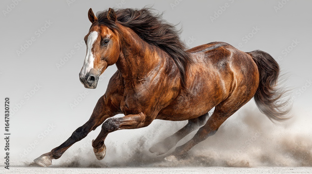 Obraz premium Strong horse running with vigor on a sandy surface in a studio showcasing its powerful form and flowing mane