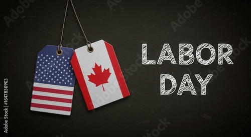 Labor day celebration with american and canadian flags on tags against a dark chalkboard background