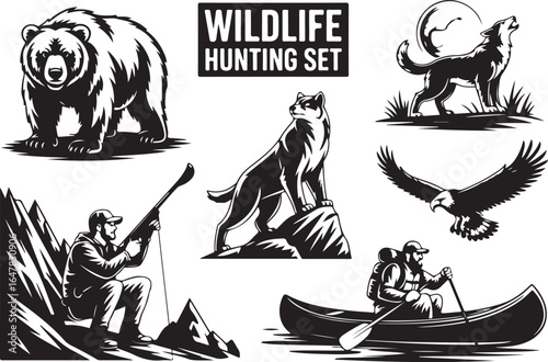 Dynamic wildlife hunting set with bear, wolf, eagle, and hunters