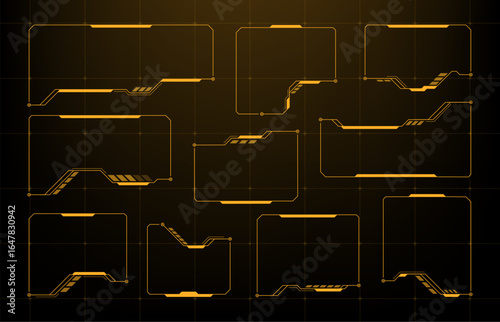 Yellow hud elements and frames on a black grid background. Futuristic user interface technology. Digital cyber display concept.