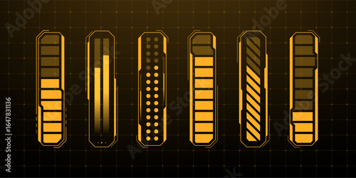 Six futuristic hud vector status bars or level indicators on a grid background. Digital gauge icons for gaming interface element.