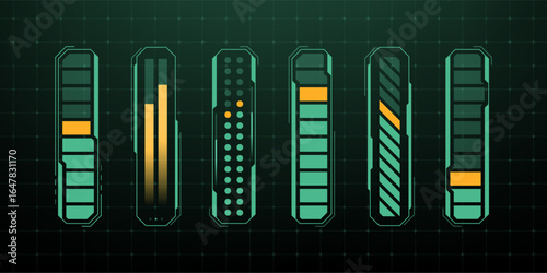 Set of modern hud vector interface elements for game or app. Digital futuristic display bars. Sci fi gauge for data visualization.